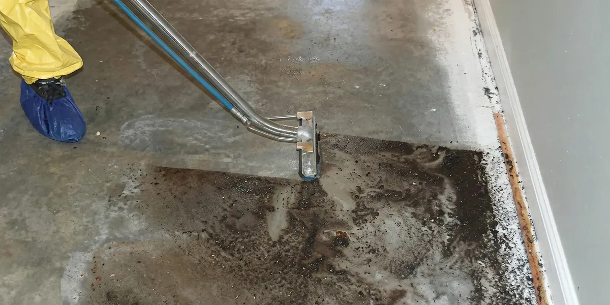 sewage removal technicians extracting contaminated wastewater from a residential floor in Oakland, CA